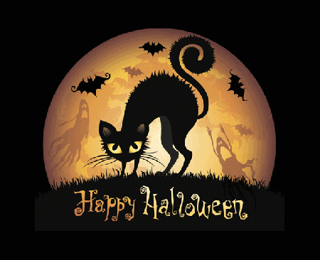 Czarny nastraszony kot szczęśliwego Halloween
